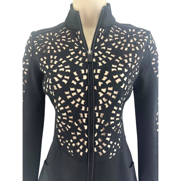 Boston Proper Black Laser Cut Long Sleeve Zip Jacket w/Pockets Sz XS Athleisure - Picture 3 of 10